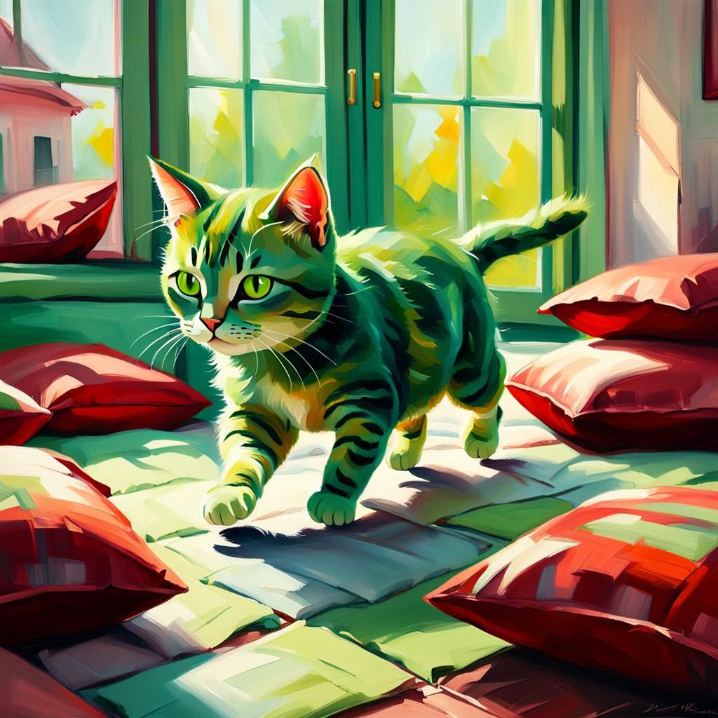 Green Cat Jogging on Pillows: Oil Painting