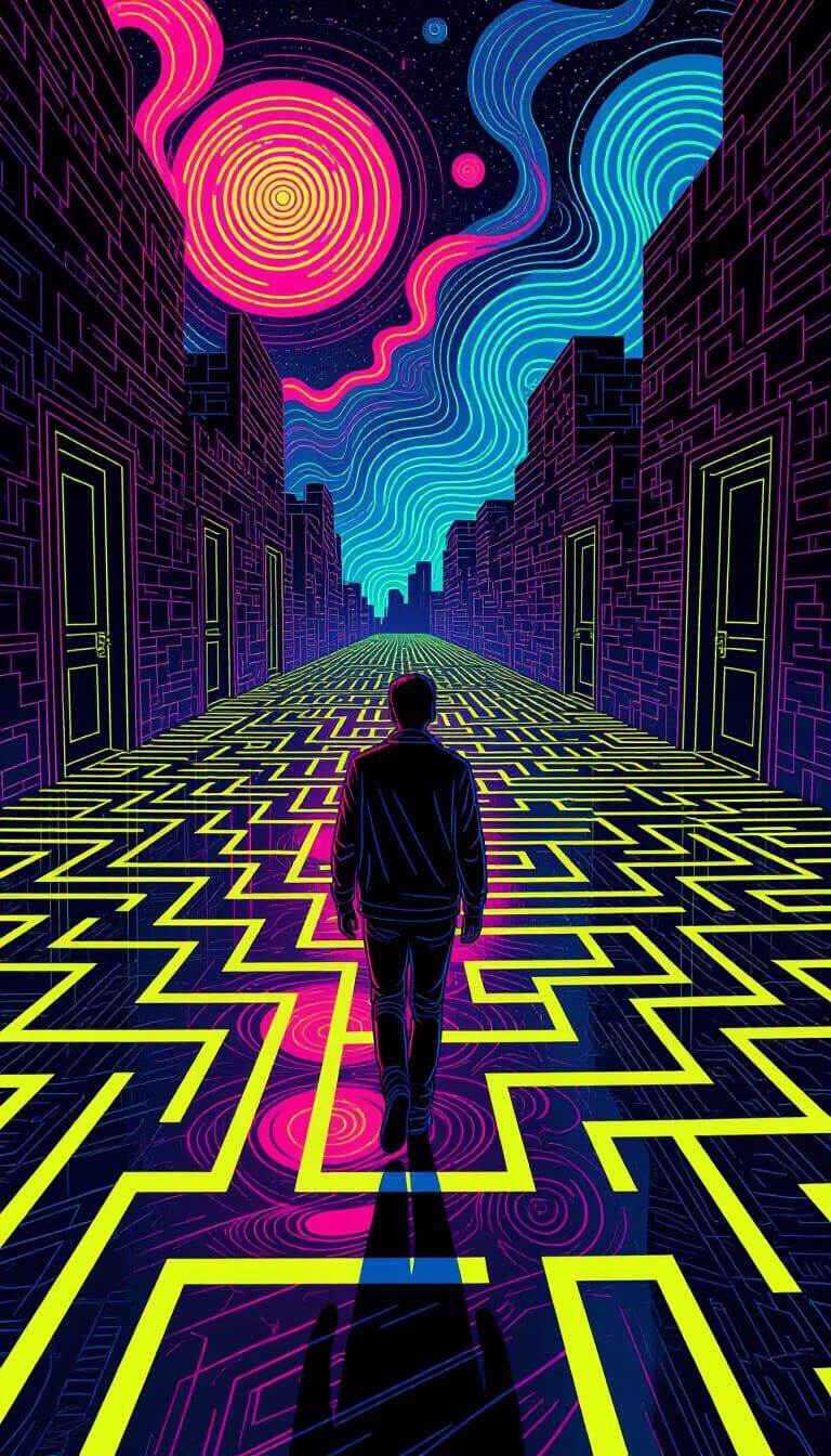 Person Sheds Past Self in Neon Labyrinth