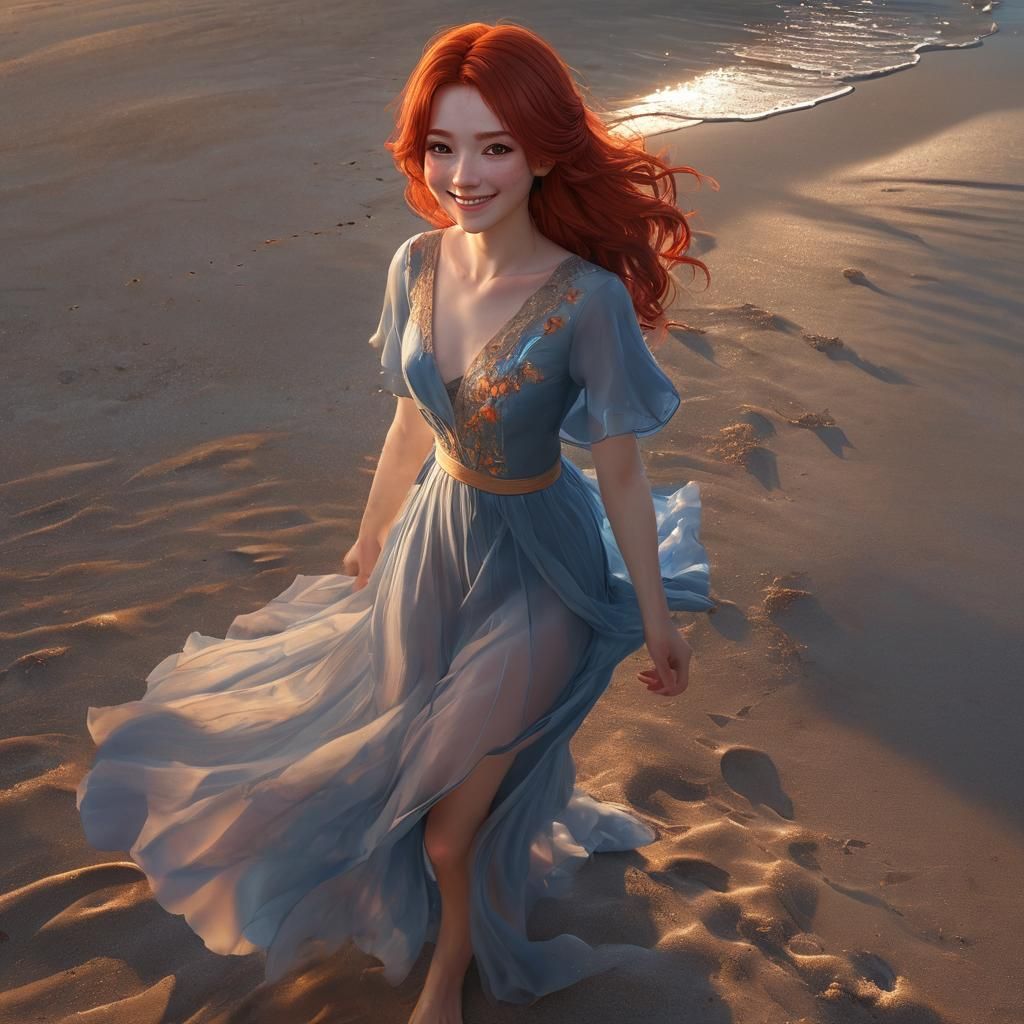 Redhead Girl Smiling on Beach in 3D Anime Art
