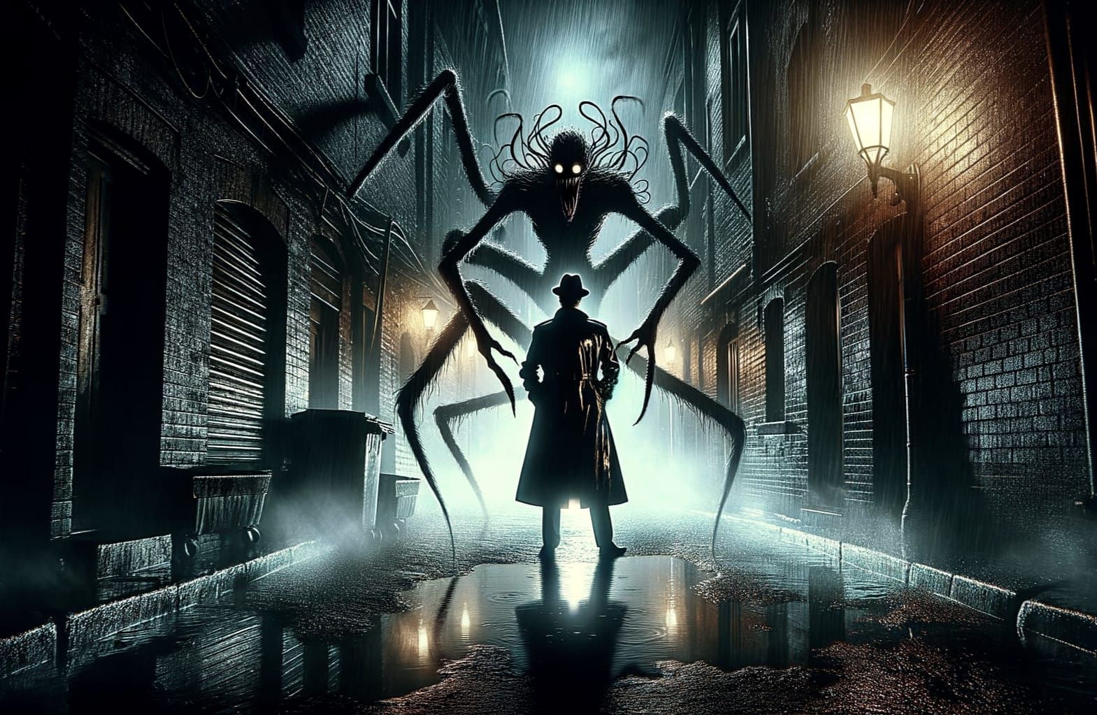 Detective Confronts Eldritch Horror in Film Noir Style