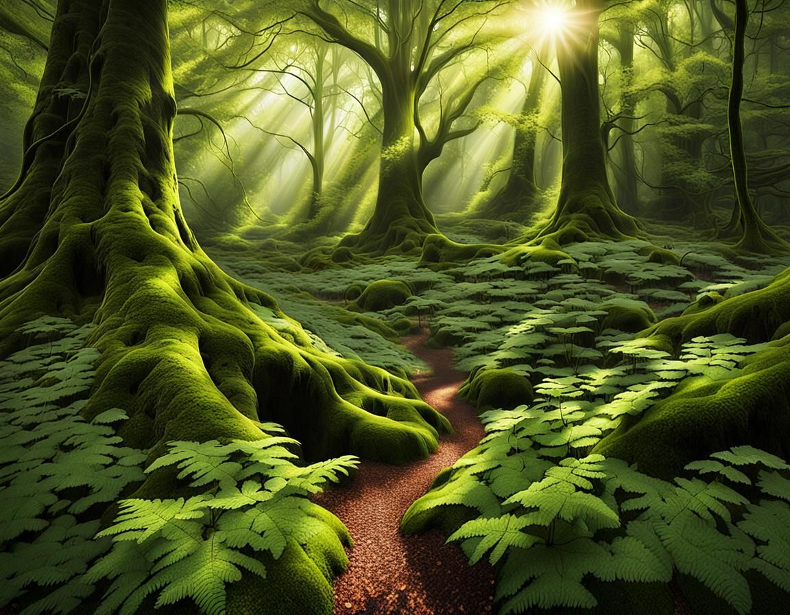 Mystical Forest with Ancient Trees and Dappled Light