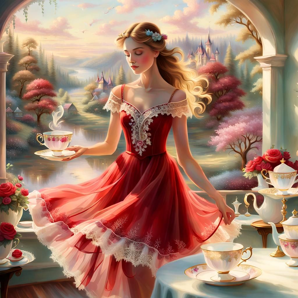 Ethereal Teacup Temptress in Dreamy Landscape