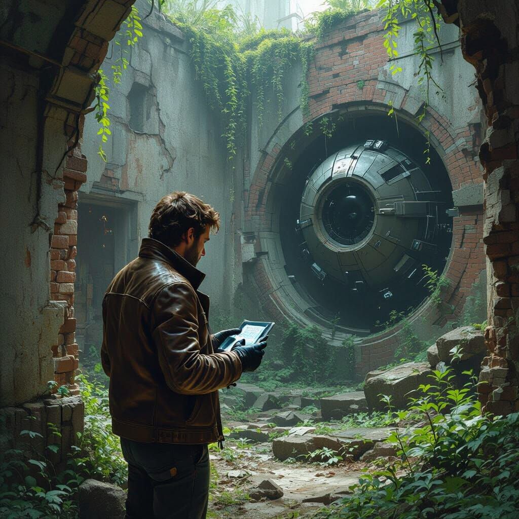 Scientist Exploring Ruins in Surreal Biopunk Facility
