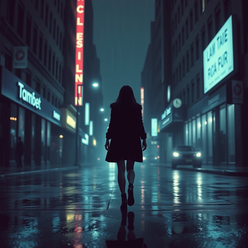 Rainy Cityscape in Neo-Noir Style