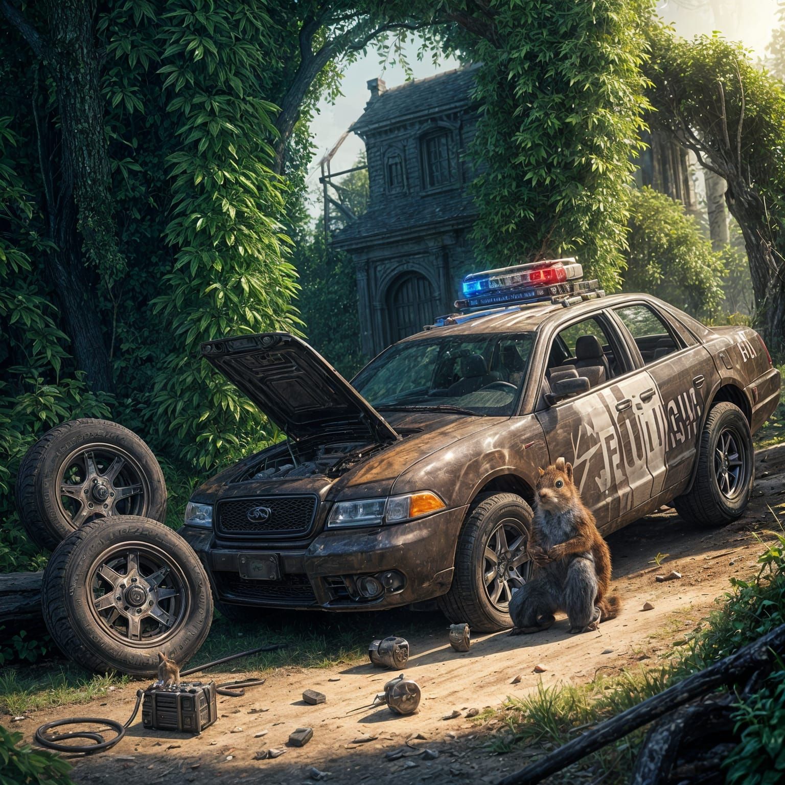 Squirrel Mechanic Working on Police Car