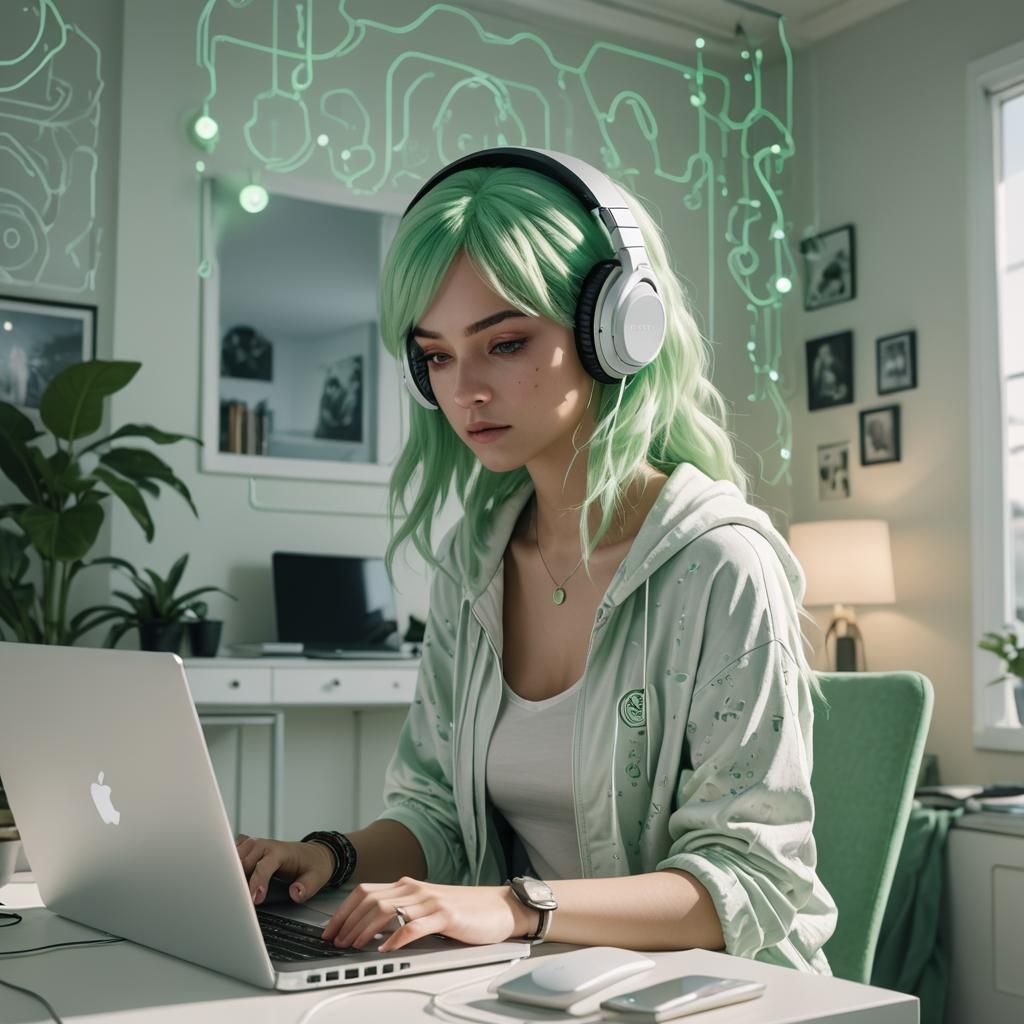 Green-Haired Girl in Dreamcore Condo, Digital Art