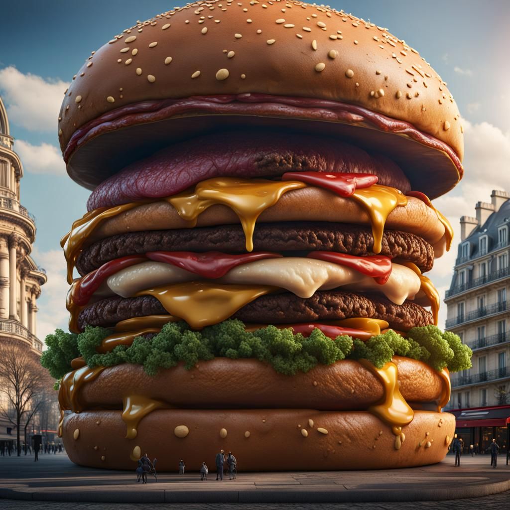 Giant Burger Over Paris, Detailed Digital Painting