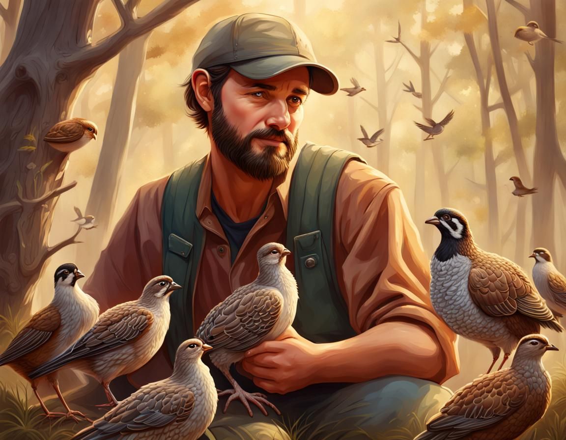 Woodsman Feeding Quail: Detailed Heartwarming Illustration