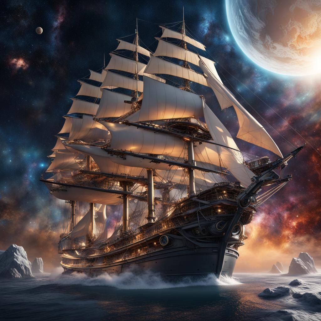 Sailing Ship Soaring Through Space: Fantasy Concept Art