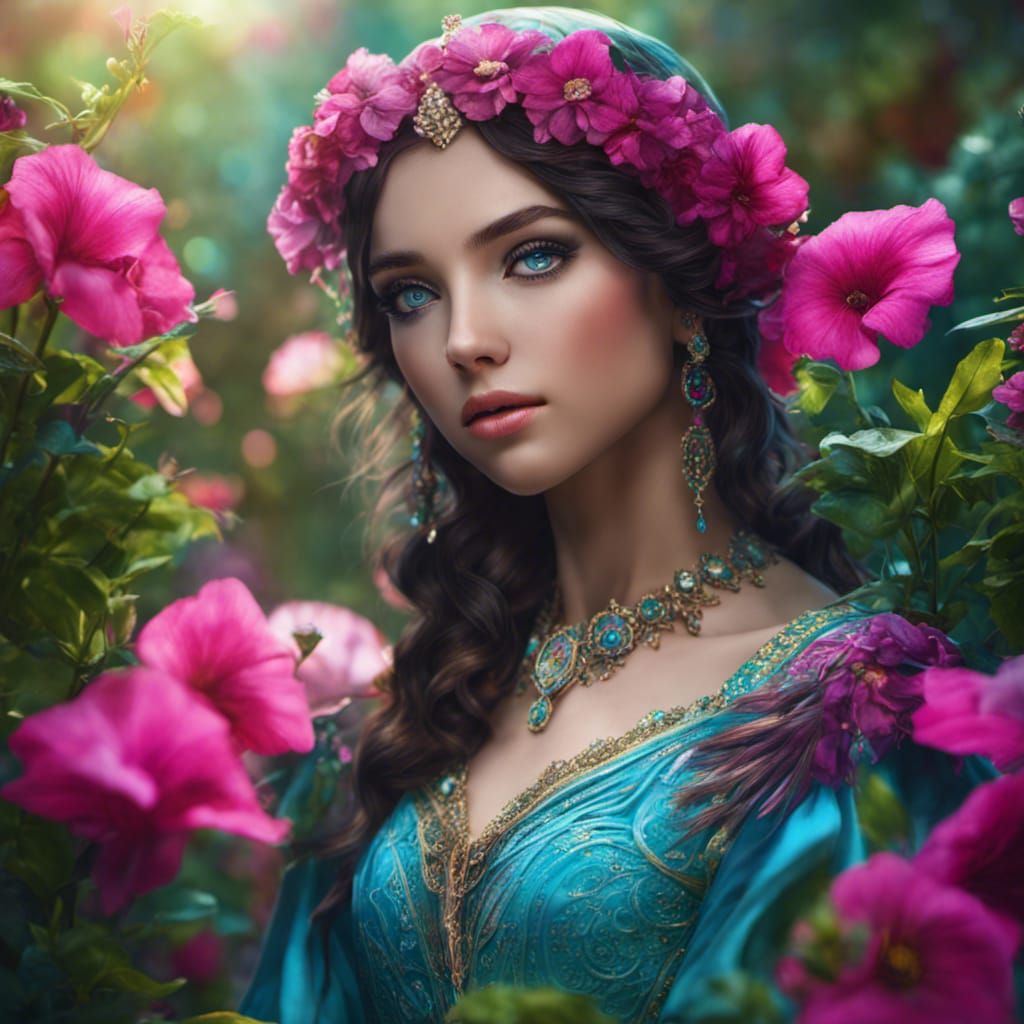 Beautiful Elf Girl in Petunia Garden, Digital Art