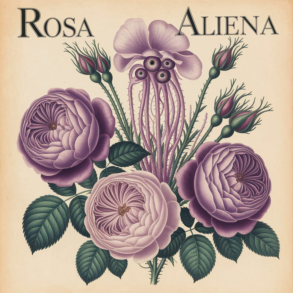 Botanical Illustration of Roses and Alien Flora