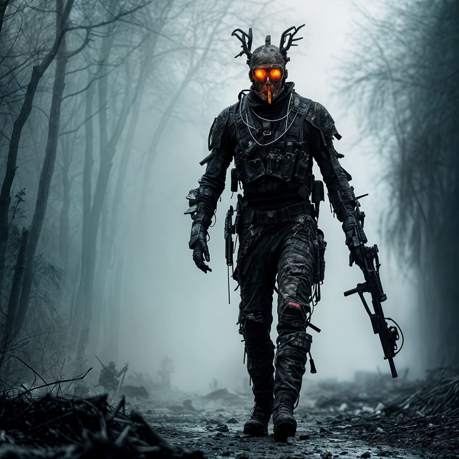 Futuristic Soldier Walks Through Fiery Fog