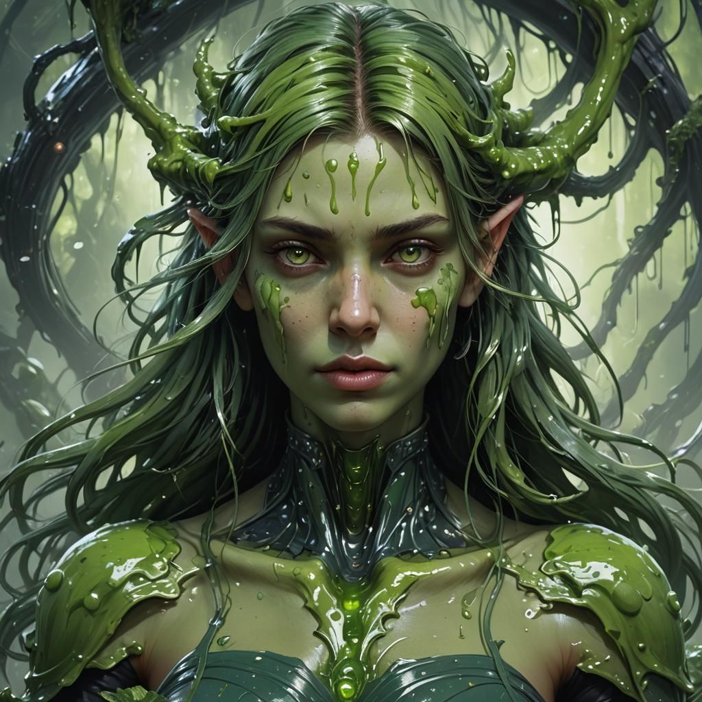 Green Slime Portrait in Digital Oil Painting Style