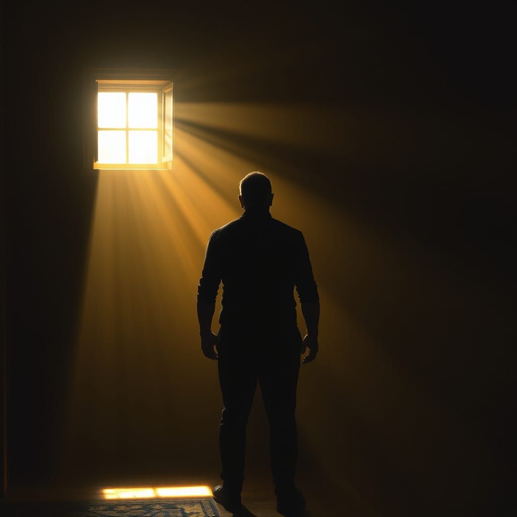 A lone figure stands in a dark room bathed in warm, golden l...