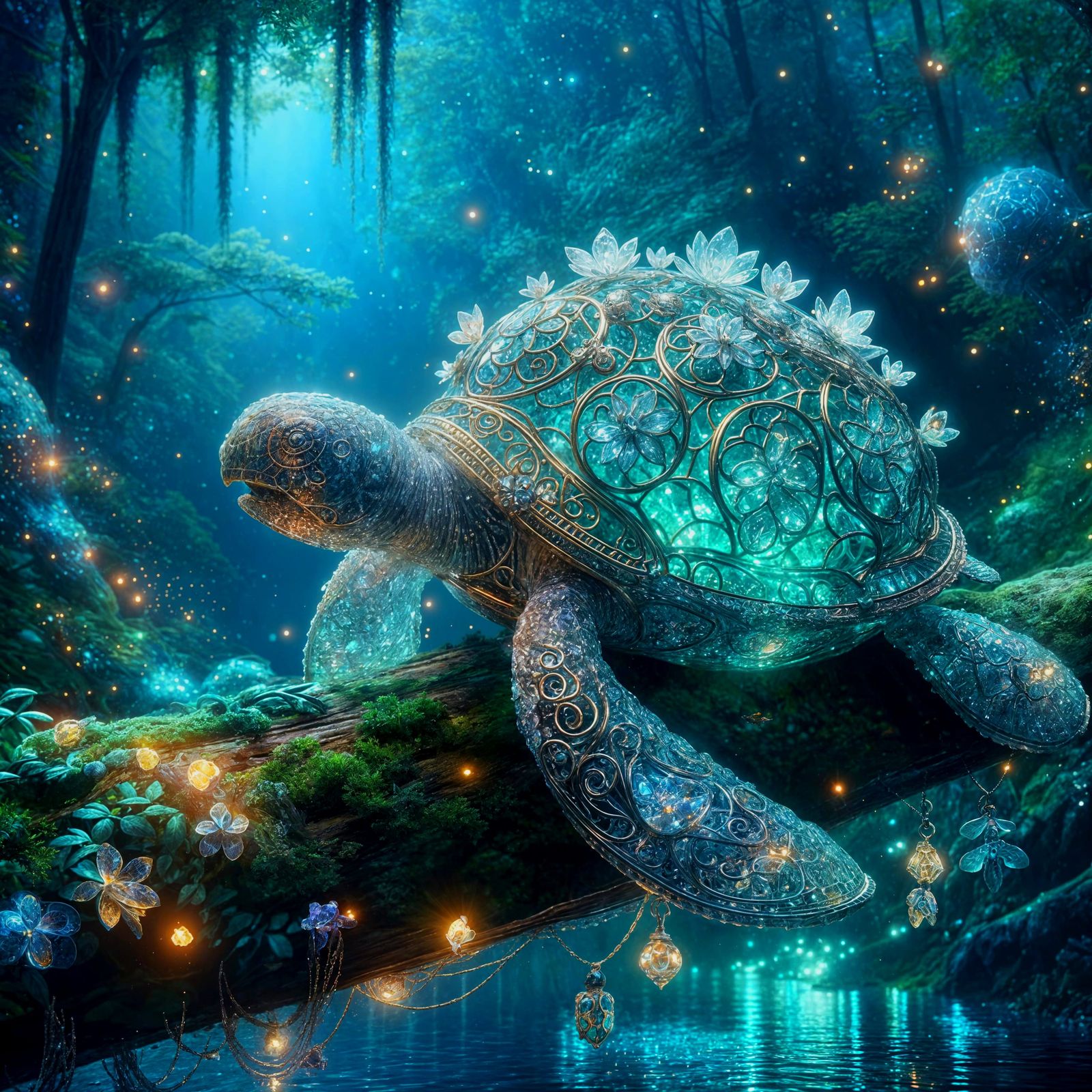 Bioluminescent Jade Turtle in Night Forest