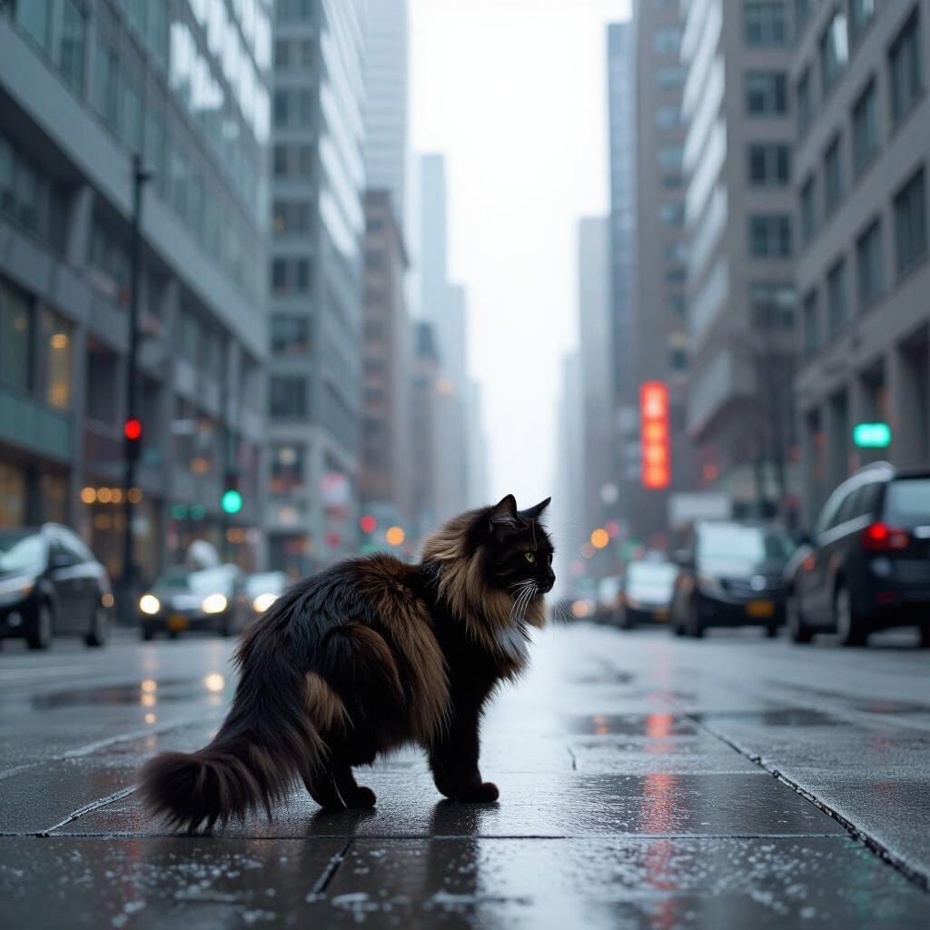 Norwegian Forest Cat Walks in Black and White Cityscape
