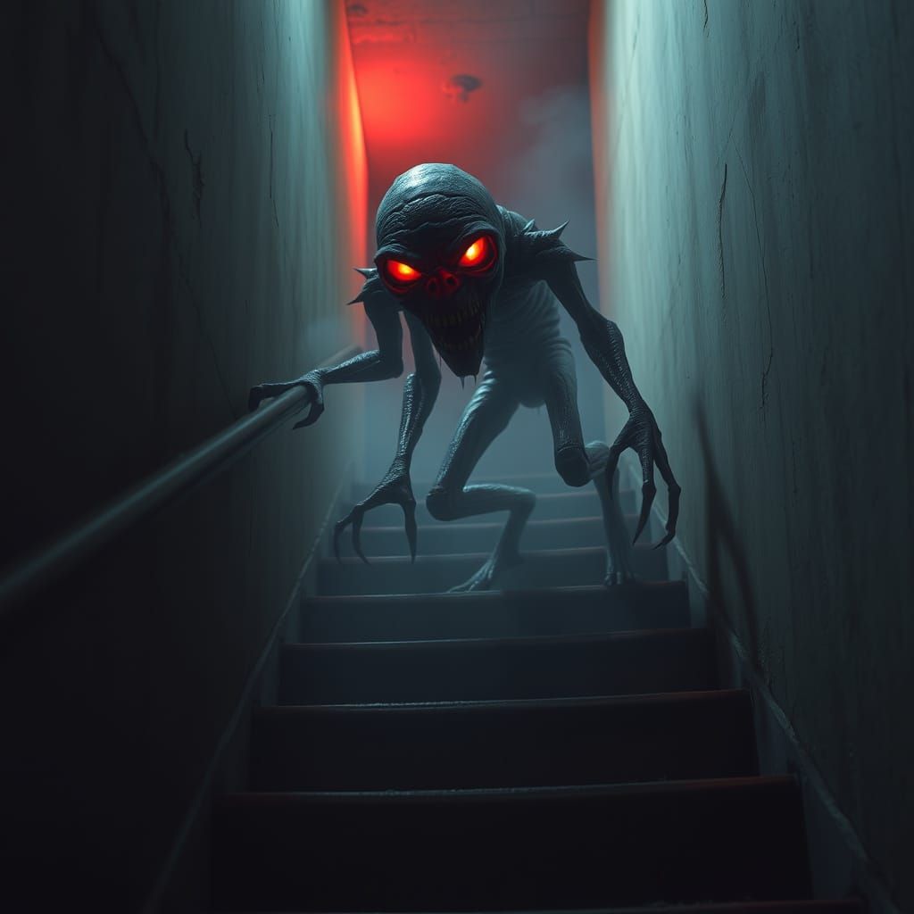 Grotesque Skin Crawler Ascends Dark Staircase in Liminal Atm...