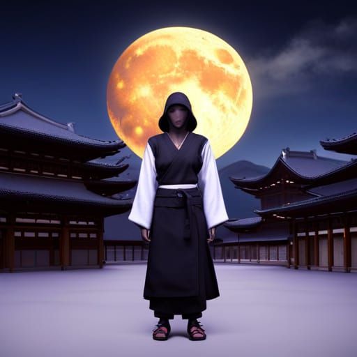 Female Ninja in Feudal City at Night