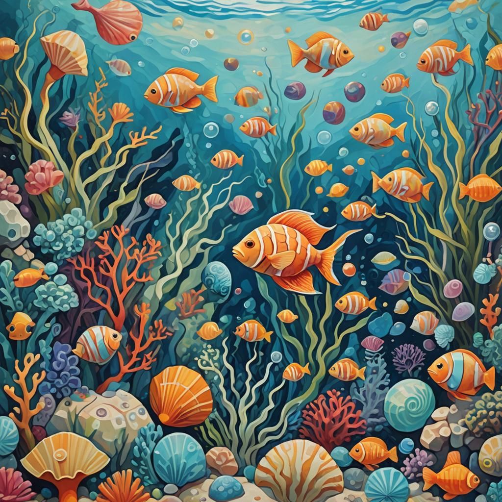 Vibrant Cubist Underwater Scene with Exotic Fish