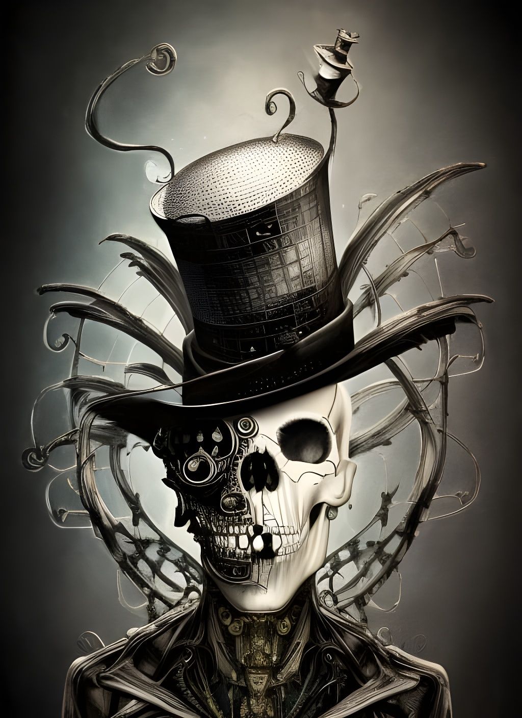 Sci-Fi Skull with Top Hat in Hyperrealism Style