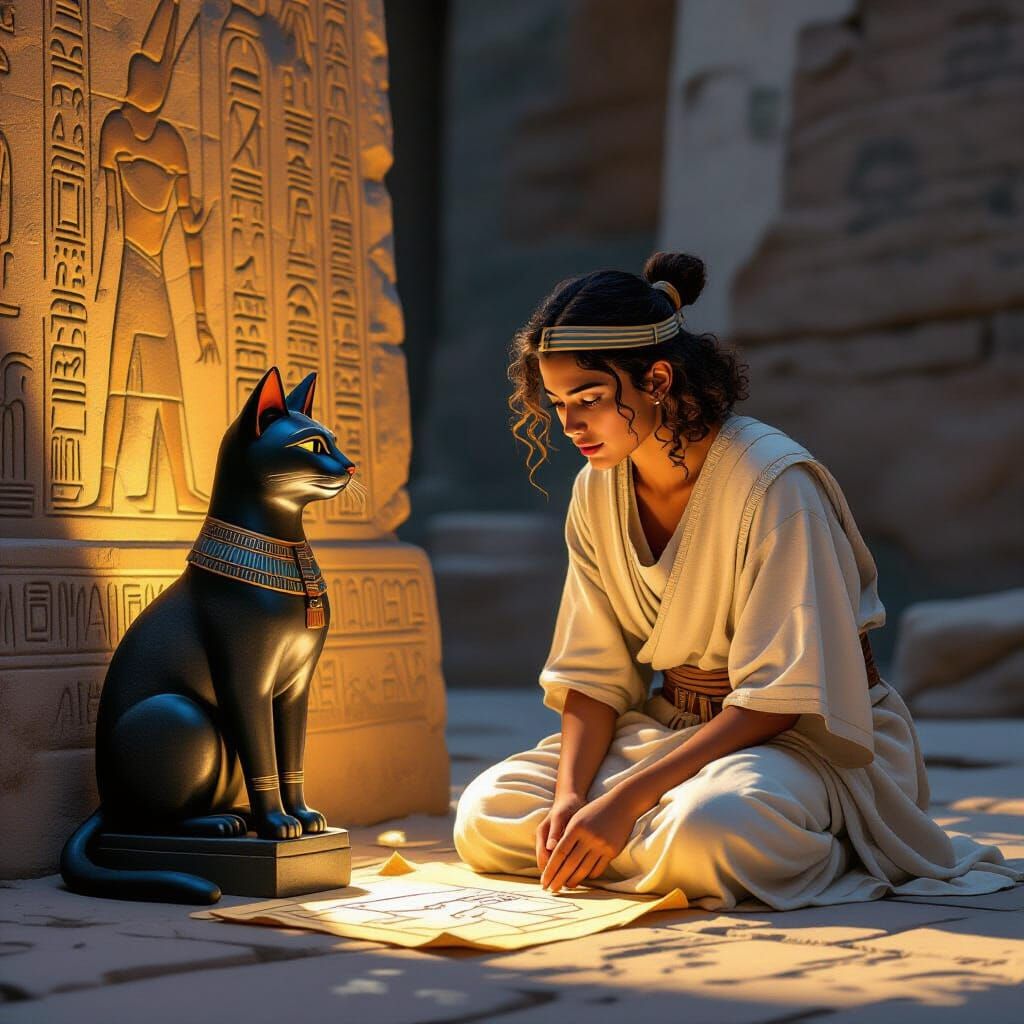 Scribe Discovering Ancient Map with Glowing Hieroglyphs