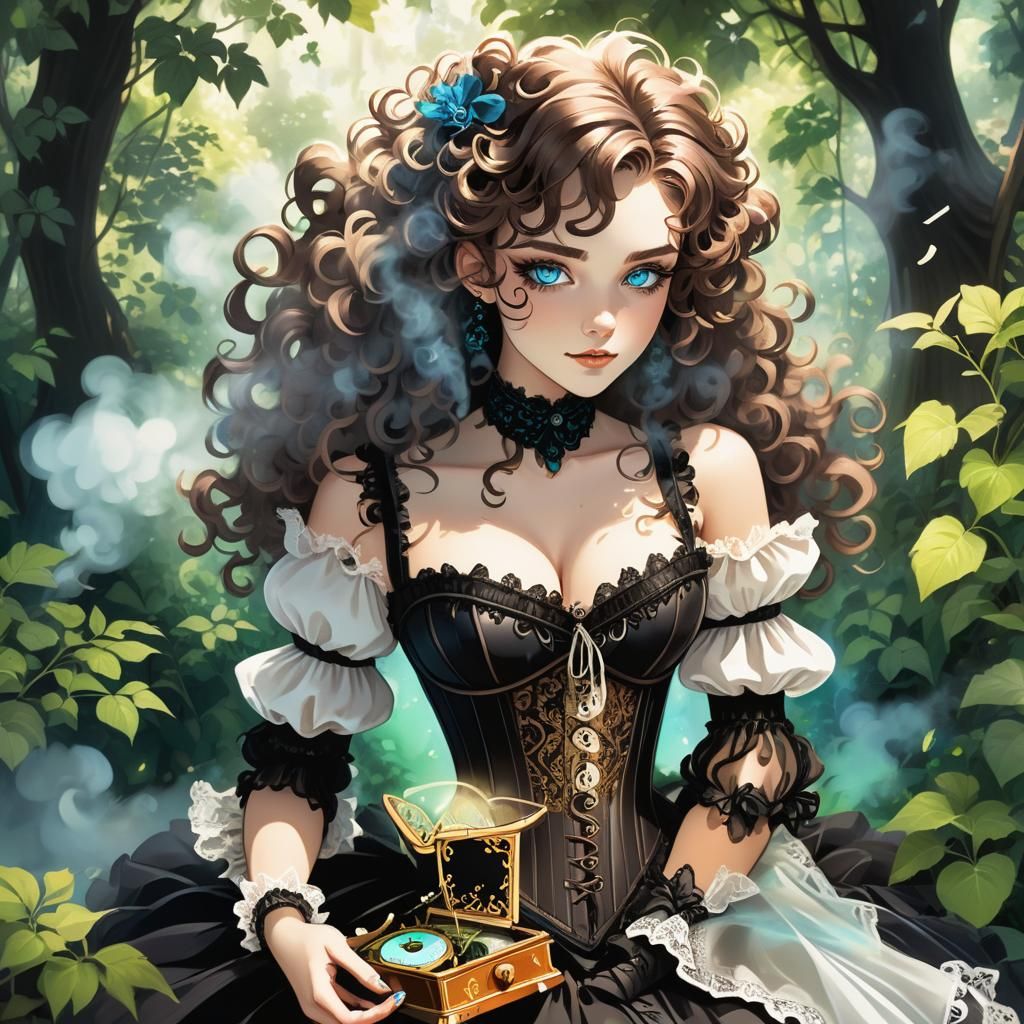 Anime Woman with Music Box in Cel-Shaded Style