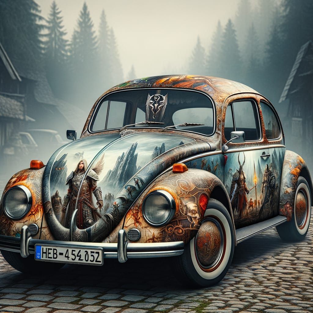 VW Bug Car with Skyrim Elder Scrolls Fantasy Art