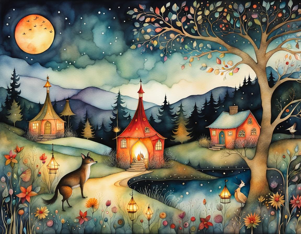 Magical Firelight Storybook Illustration on Parchment