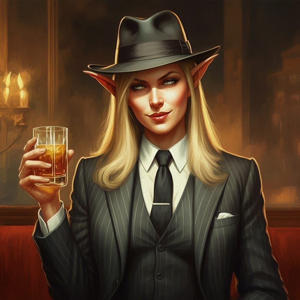 Confident Elf in Pinstripes: Impressionistic Oil Painting