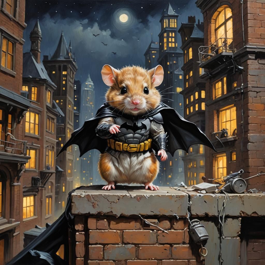 Hamster Batman Ready for Flight, Oil Painting