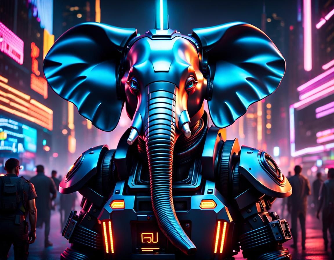 Cyberpunk Elephant Mecha in Neon Cityscape