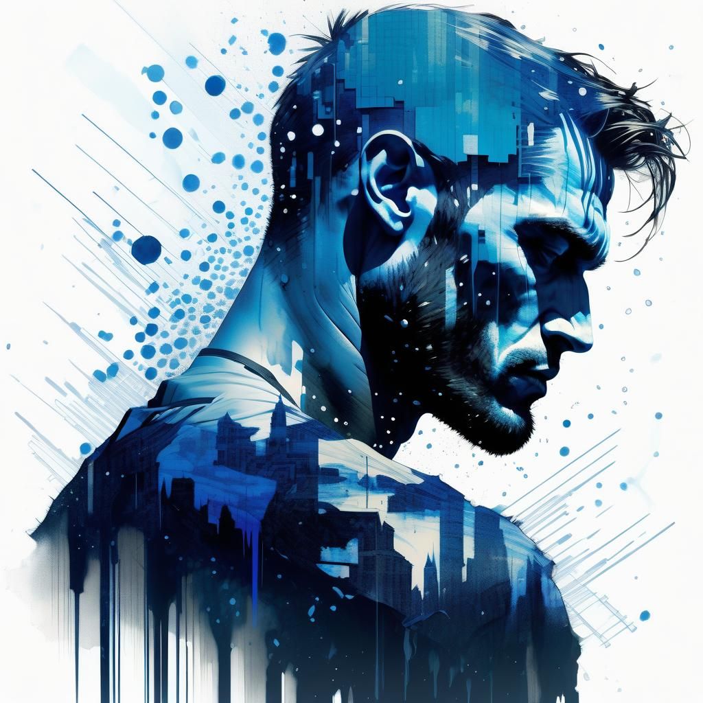 Silhouette with Blue Hexadecimal Code Rain: Digital Illustra...