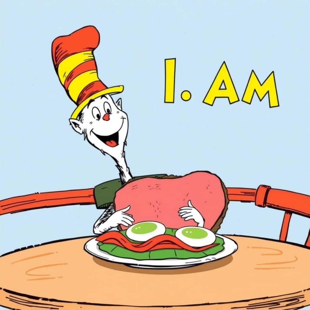 Cheerful Character Savoring Green Eggs and Ham in Whimsical...