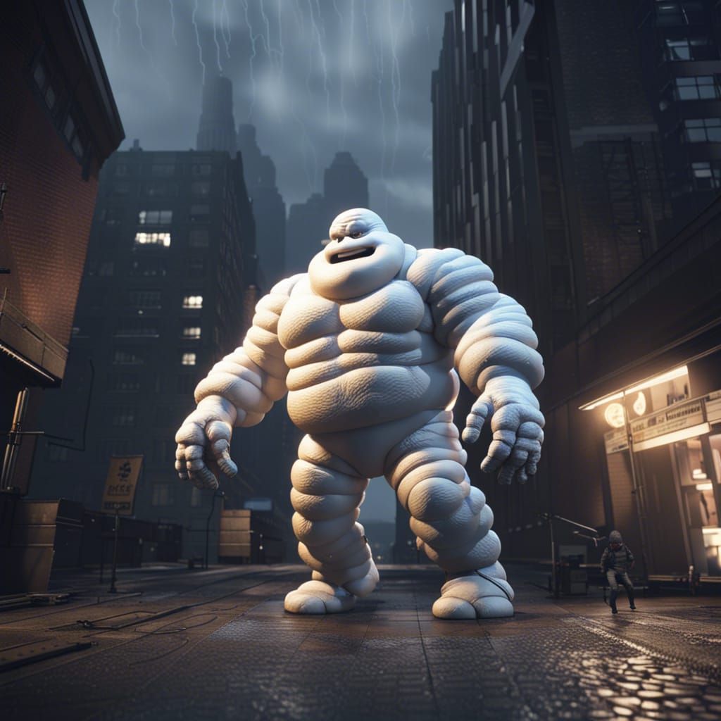 Giant Michelin Man Destroys City in Cinematic 3D