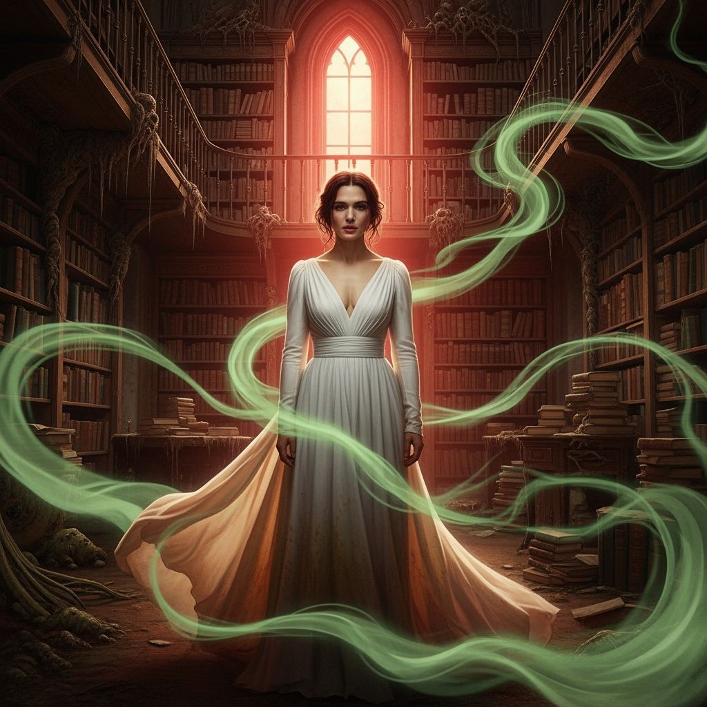 Ethereal Woman in Decaying Library with Green Smoke