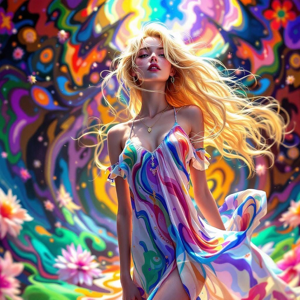 Hippie Lady in Kaleidoscopic Anime Style