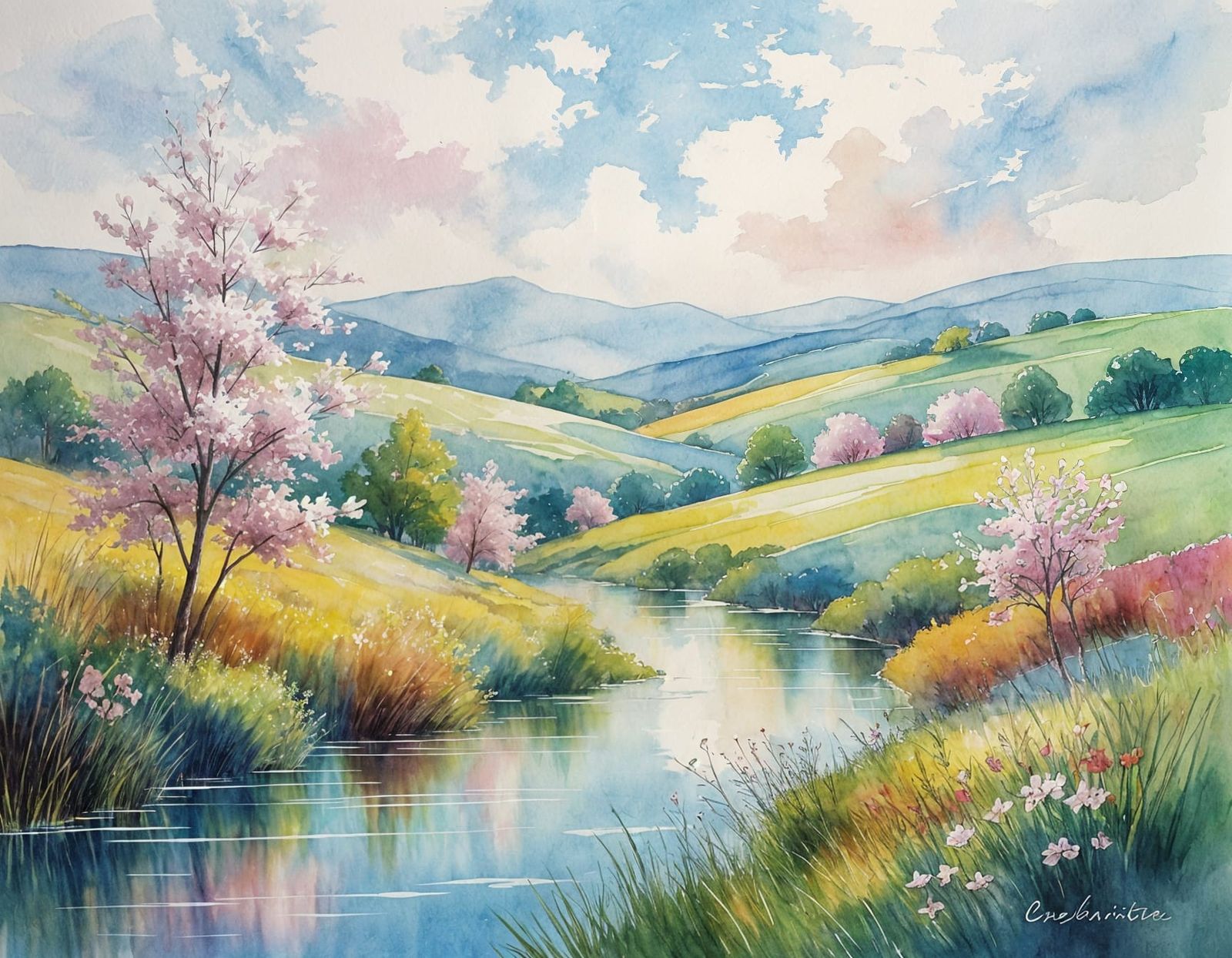 Beautiful Spring Landscape in Watercolor Style
