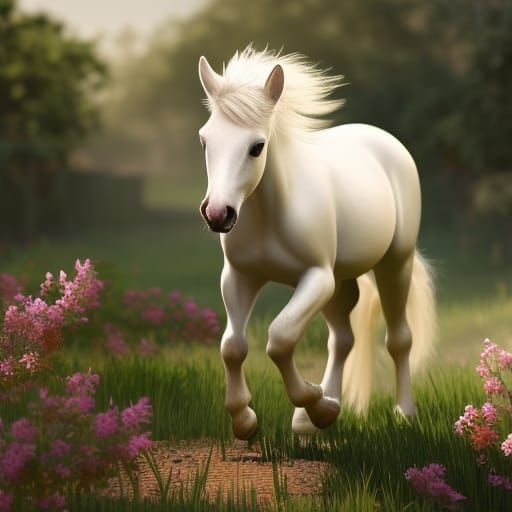White Foal in Spring Garden: Hyperdetailed Concept Art