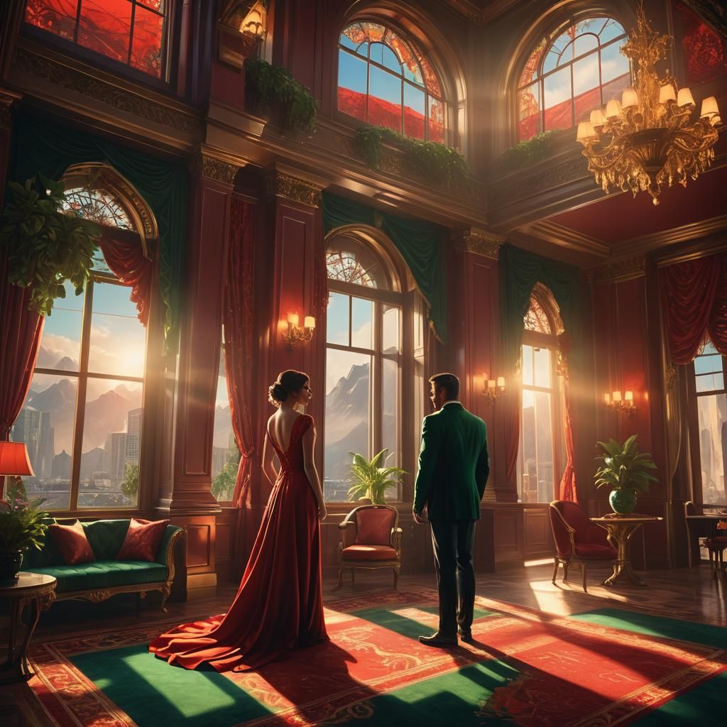 Romantic Couple in Hotel Room, Art Nouveau Style