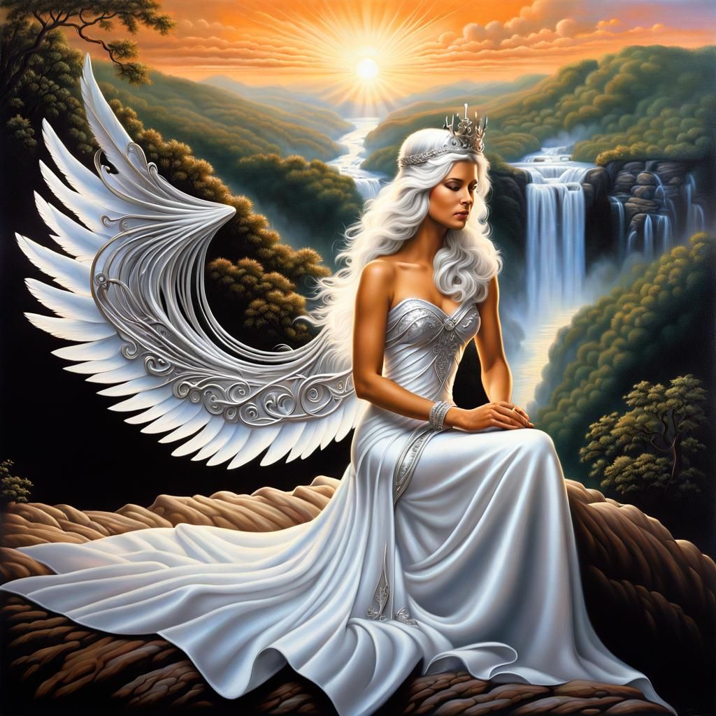 Angel in Silver Crown Overlooking Australian Meadow