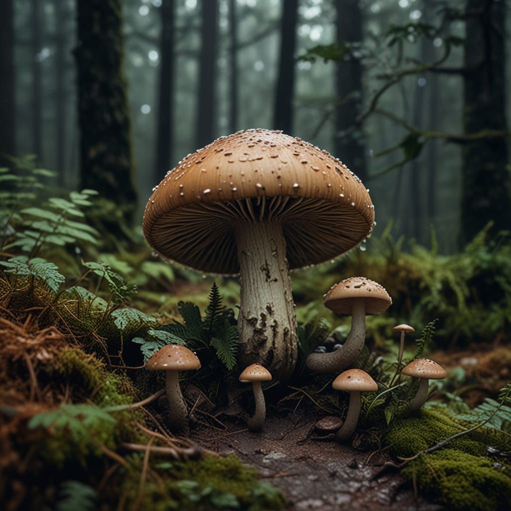 Eerie Macro Photograph of Moldy Mushroom in Dark Forest