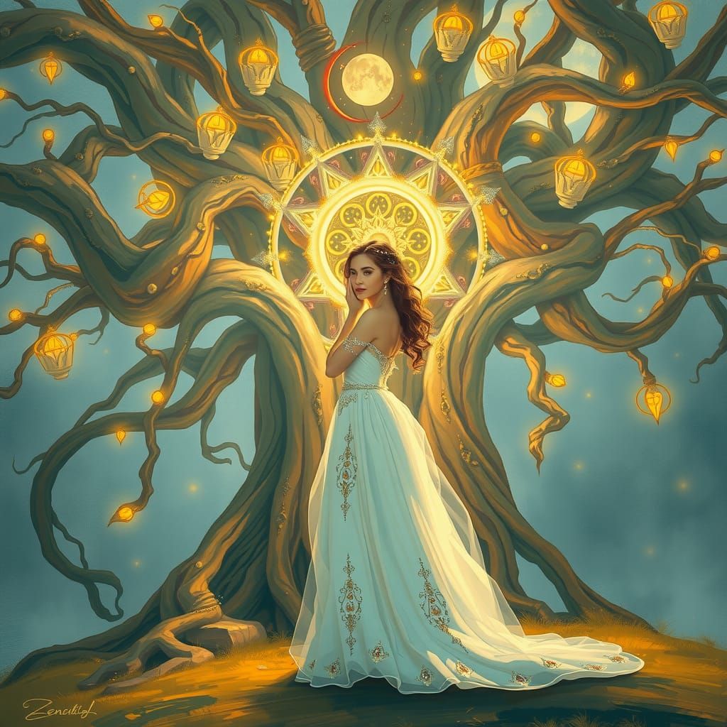 Ethereal Woman Before Glowing Tree at Night