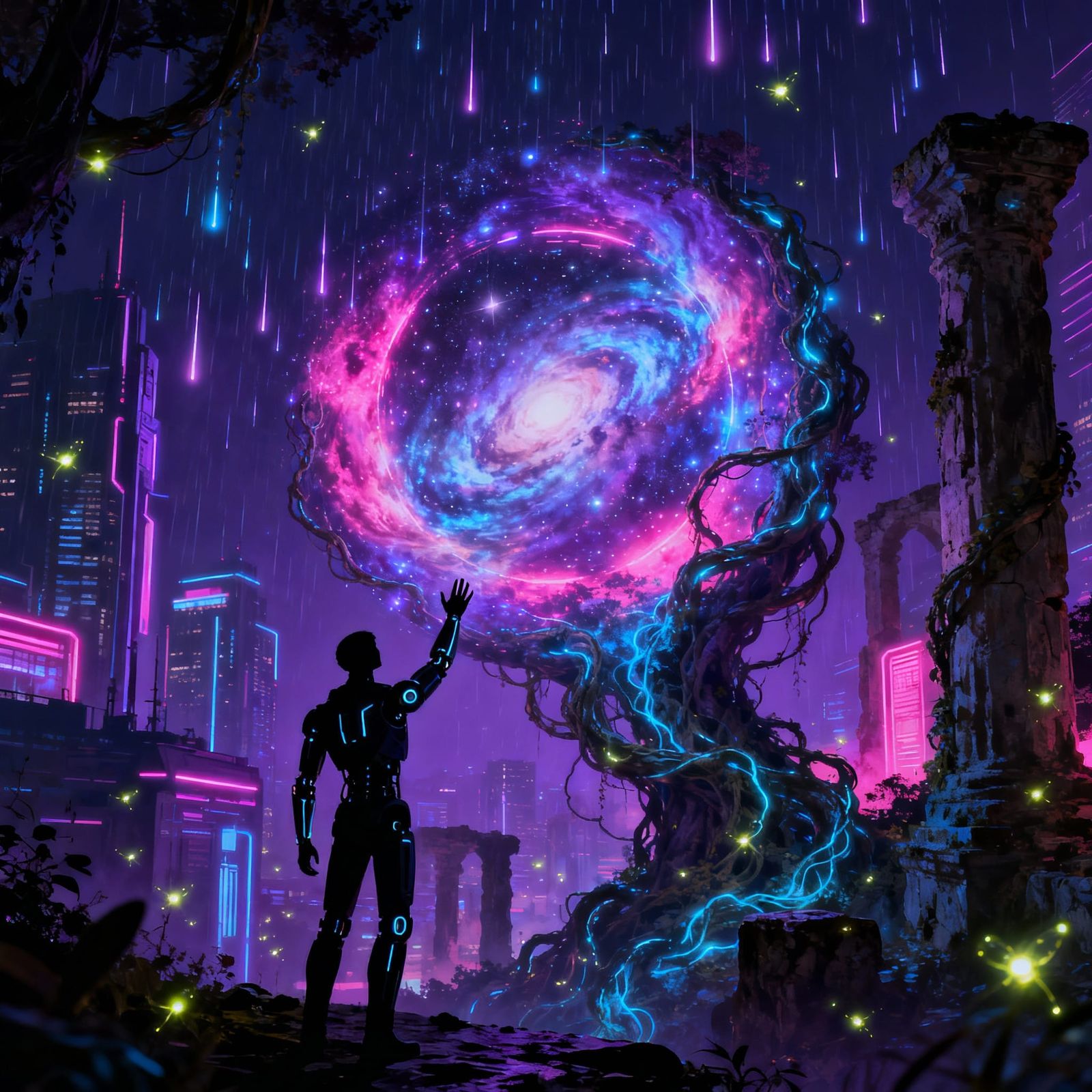 Cybernetic Explorer Reaches Cosmic Portal in Neon City