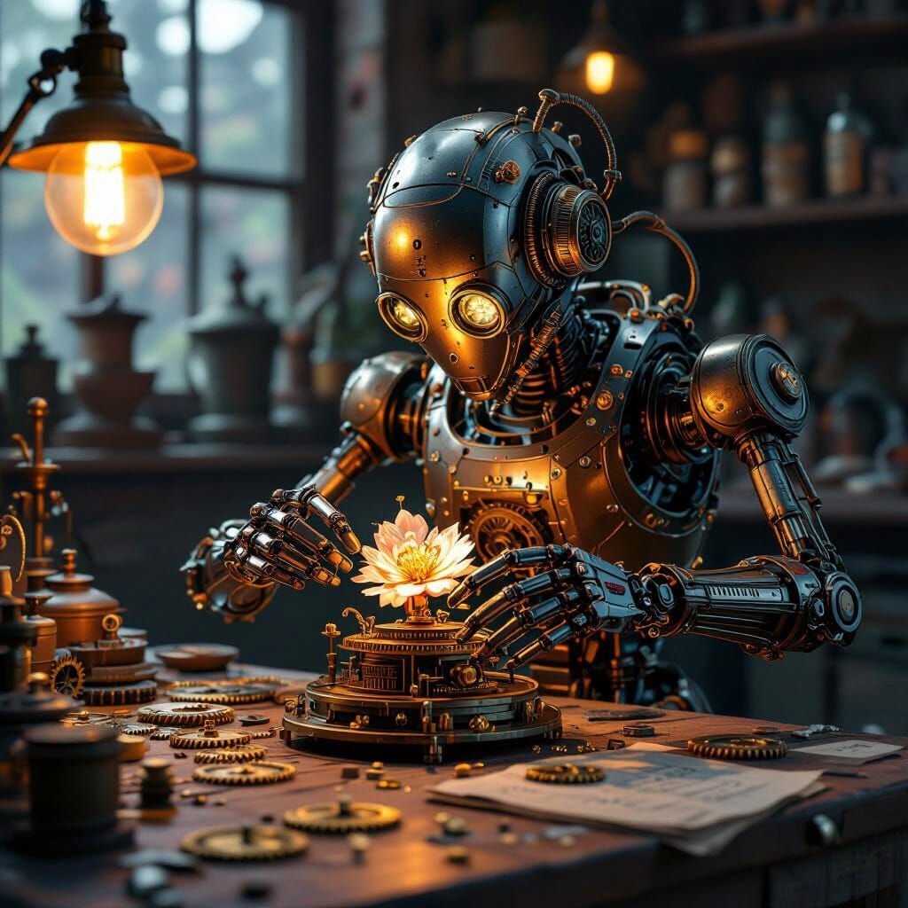 A whimsical steampunk automaton meticulously assembling a delicate clockwork flower. Gears and springs are scattered acr...