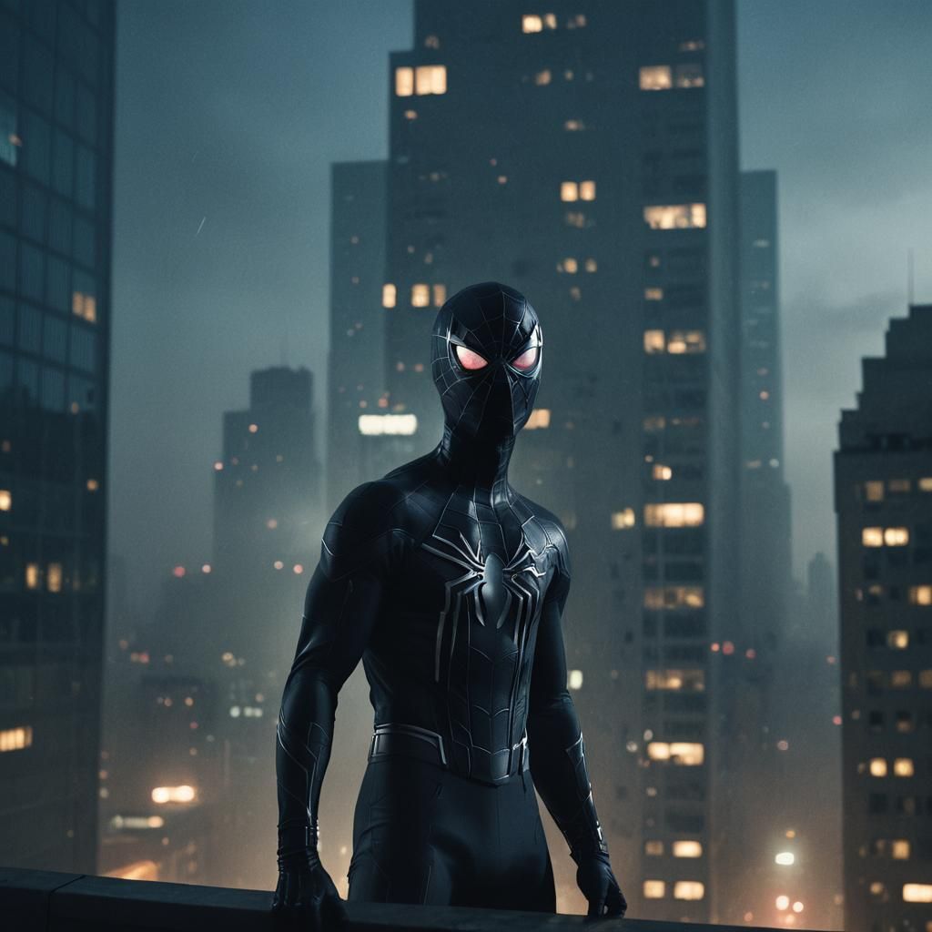 Spider-Man in Black Suit on City Skyscraper