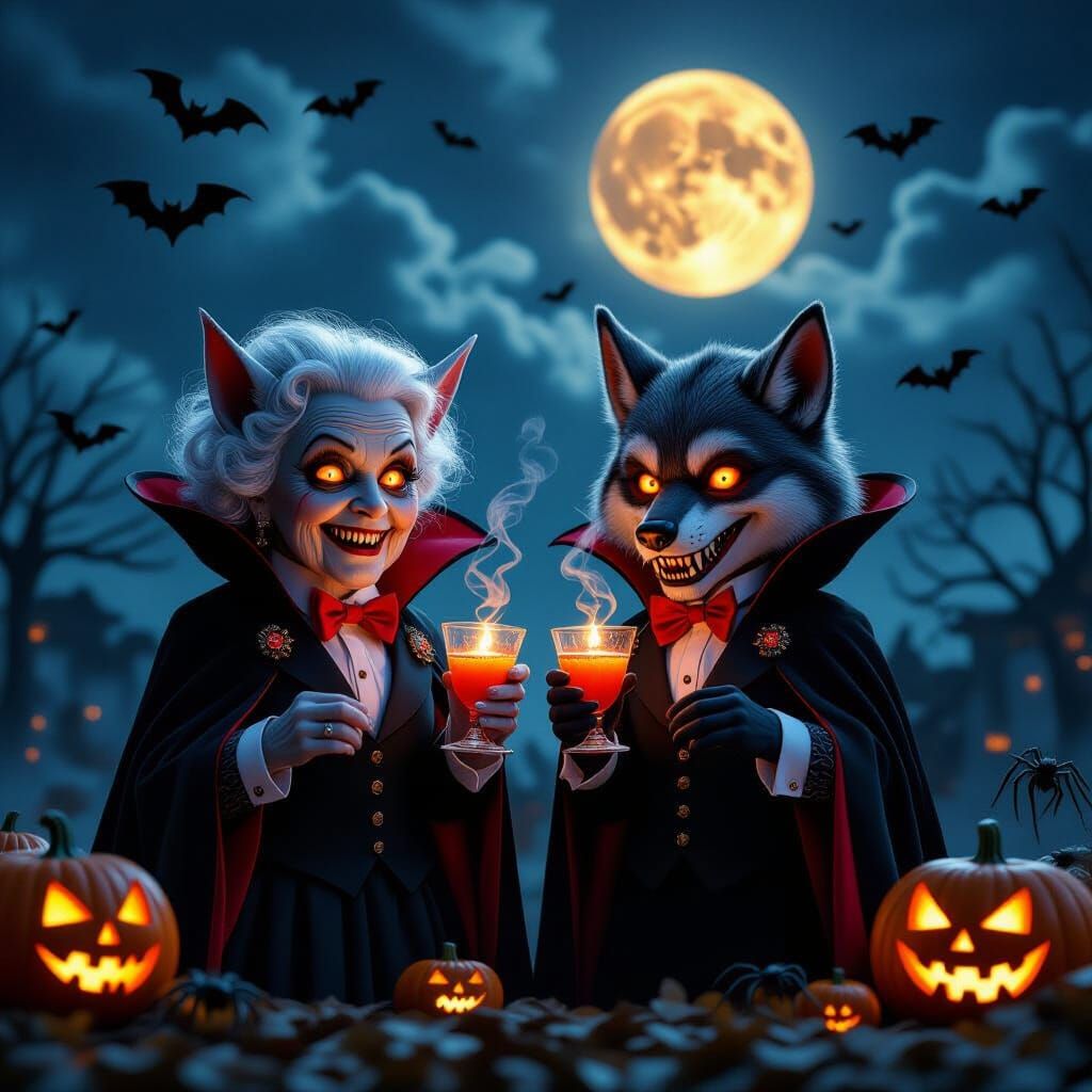 Vampire and Werewolf Halloween Scene in Photorealistic Style