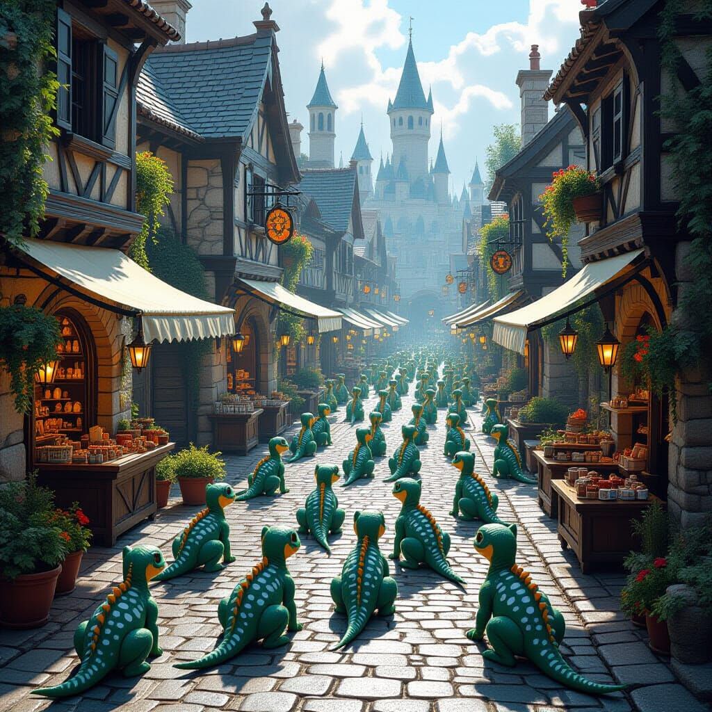 Miniature Dragon City Street With White Spotted Creatures