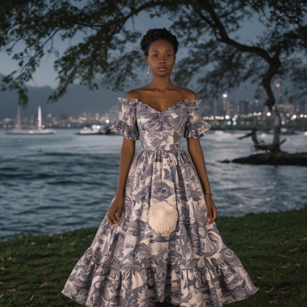 Glowing City Night Scene with Toile Dress in Oceanic Colors