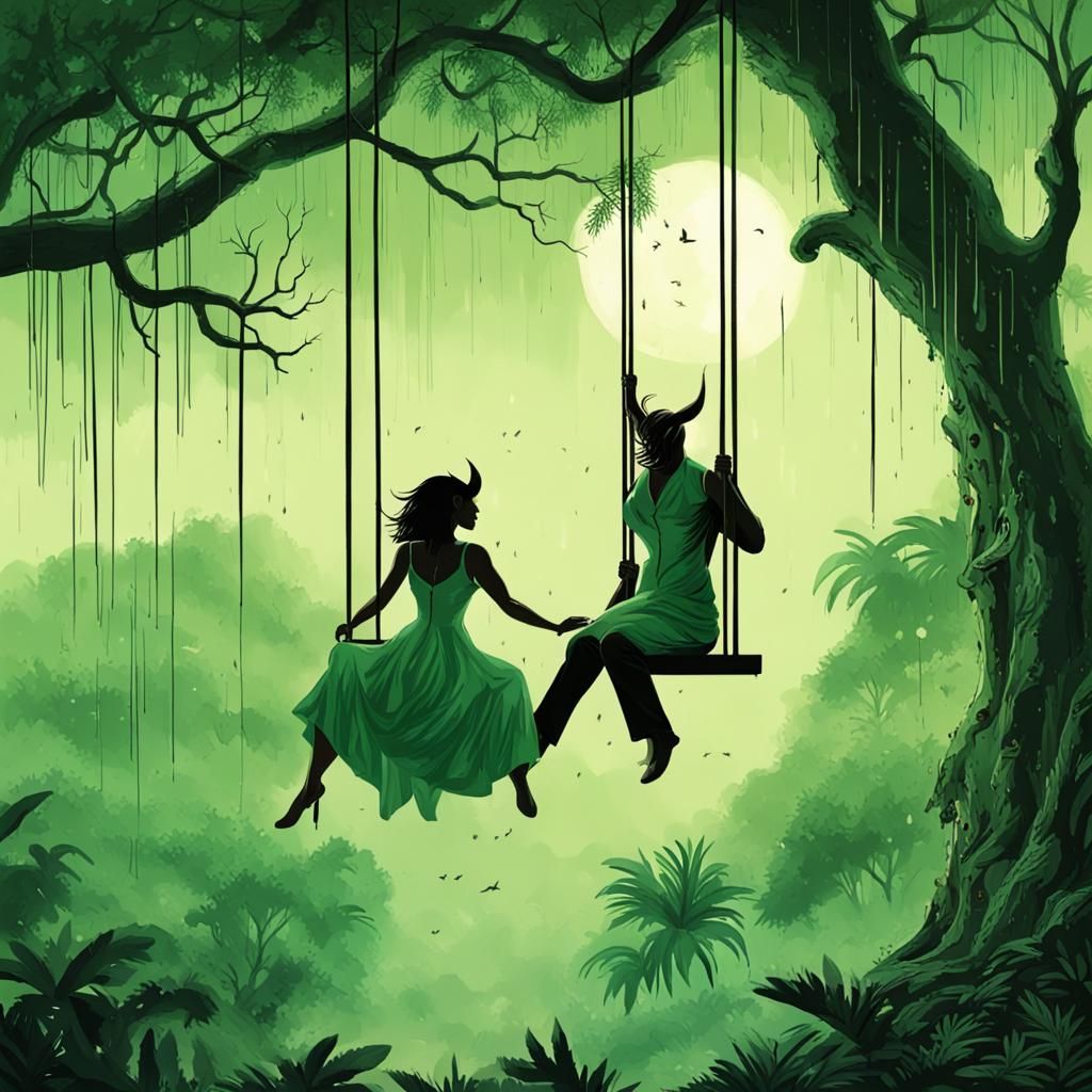 Surreal Rainforest Scene with Devil and Swinging Woman