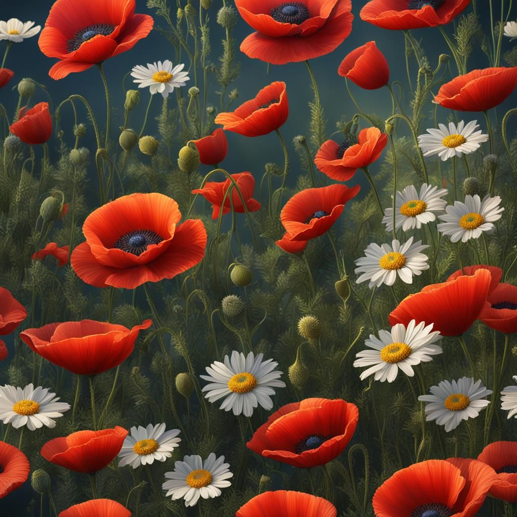 Poppies and Chamomile Flowers in Detailed Matte Painting